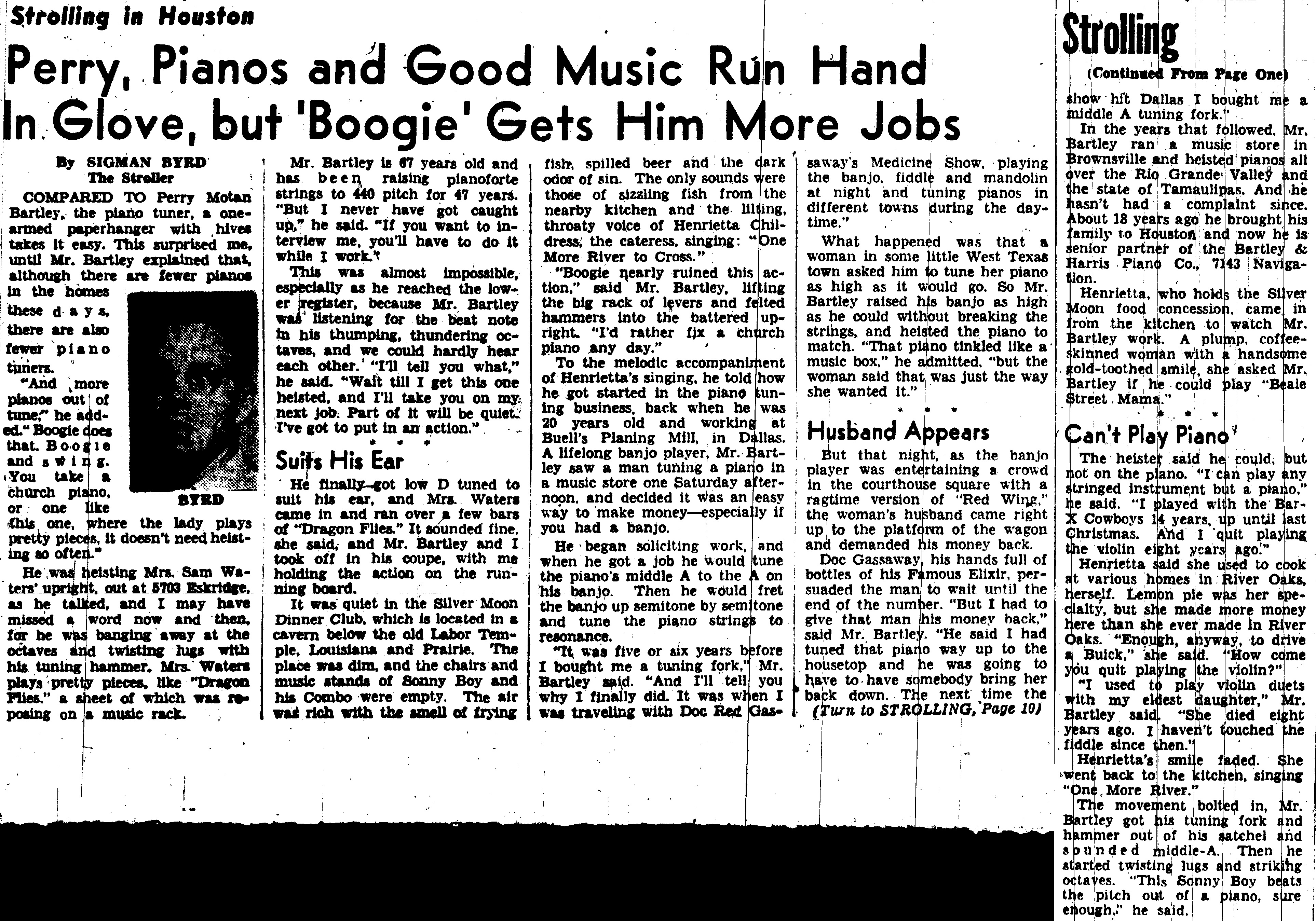 1947-11-22 - Byrd, Sig - Perry, Pianos and Good Music Run Hand in Glove, But 'Boogie' Gets Him More Jobs - Houston Press, [Houston] - Saturday, November 22, 1947, Pages 1 & 10
